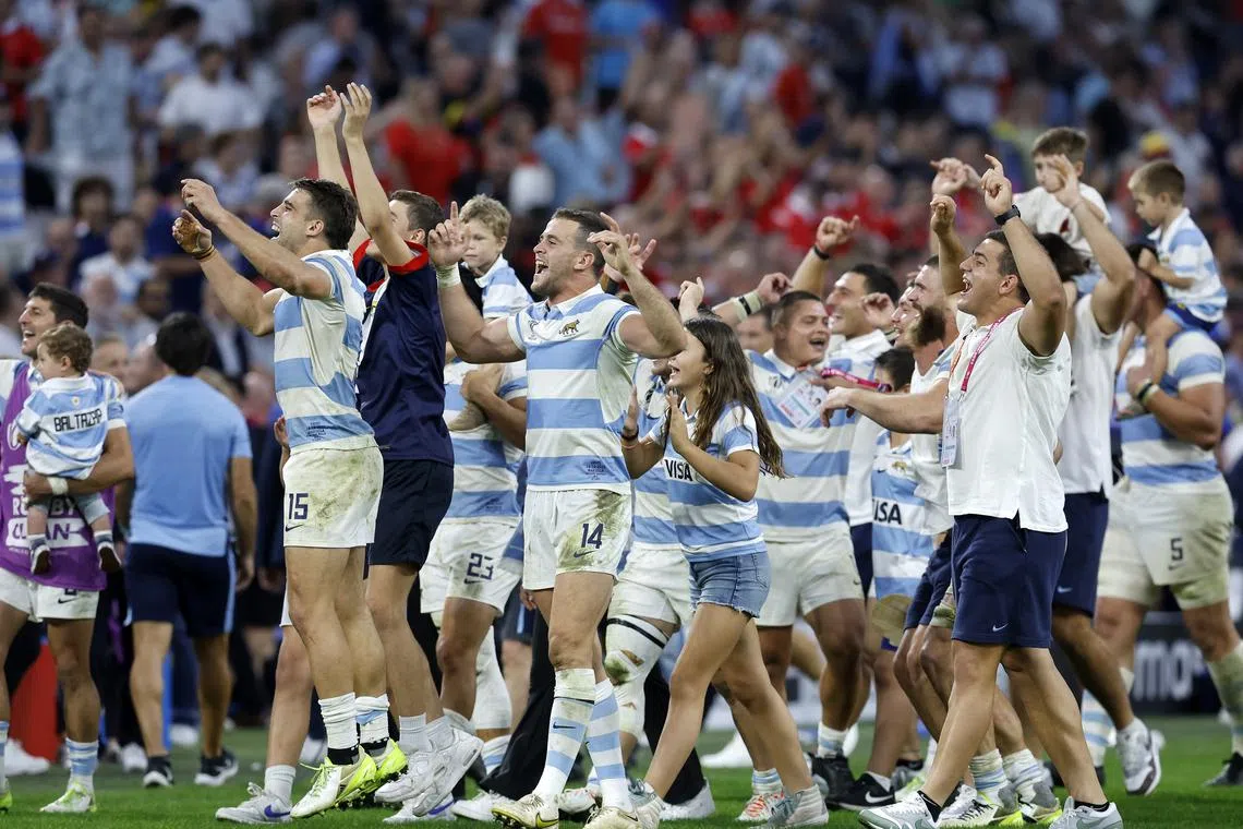 Argentina’s players celebrating after winning against Wales during the Rugby World Cup 2023 quarter final in Marseille, France, on Oct 14, 2023.