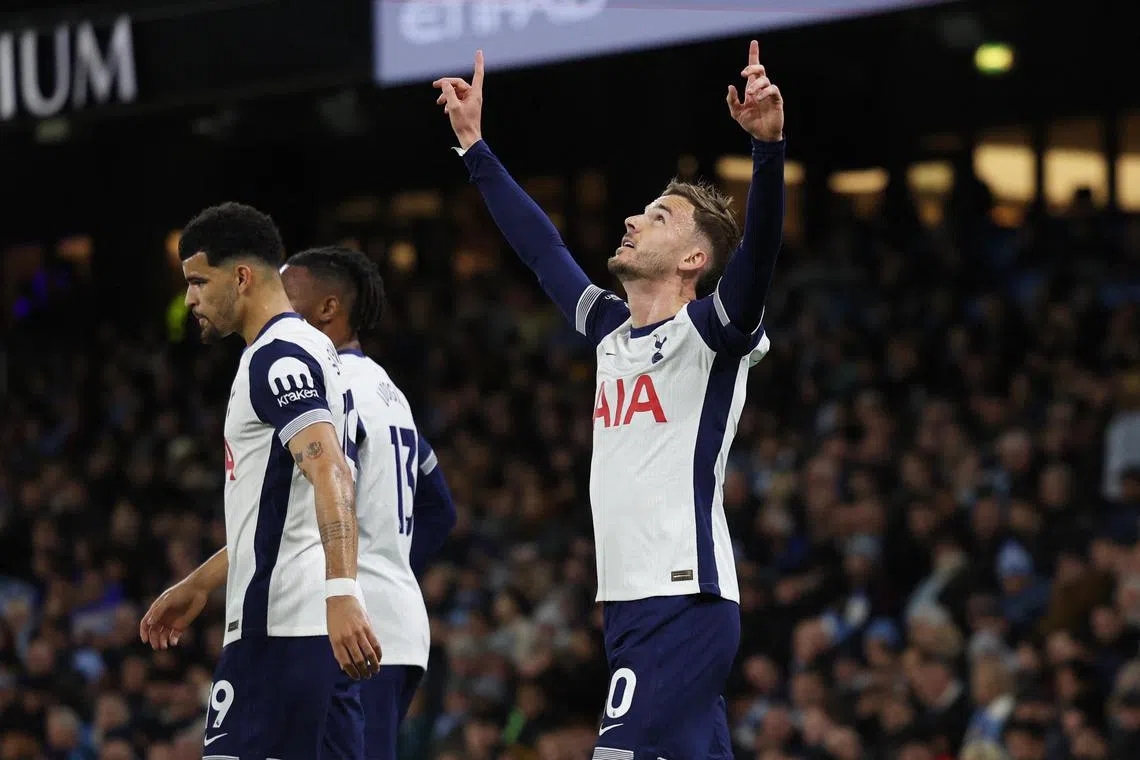 Tottenham Hotspur's James Maddison celebrates scoring their first goal.