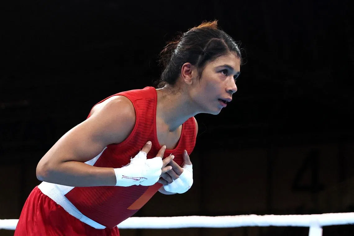 Commonwealth Games - Boxing - Women’s Over 48kg-50kg Light Fly - Round of 16 - The NEC Hall 4, Birmingham, Britain - July 31, 2022 India's Zareen Nikhat reacts during her round of 16 fight with Mozambique's Helena Ismael Bagao REUTERS/Phil Noble/File Photo