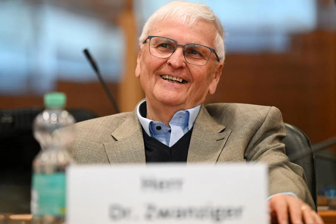FILE PHOTO: Former DFB German soccer federation president Theo Zwanziger faces trial for tax fraud amounting to 13.7 million euros for the benefit of the DFB in connection with the 2006 World Cup hosted by Germany, in Frankfurt, Germany, April 29, 2024. Arne Dedert/Pool via REUTERS/ File Photo