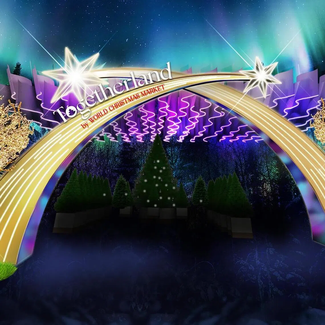 An artist’s impression of Togetherland’s arrival entrance, the Gateway of Stars. The family-friendly festival takes place at Bayfront Event Space. 