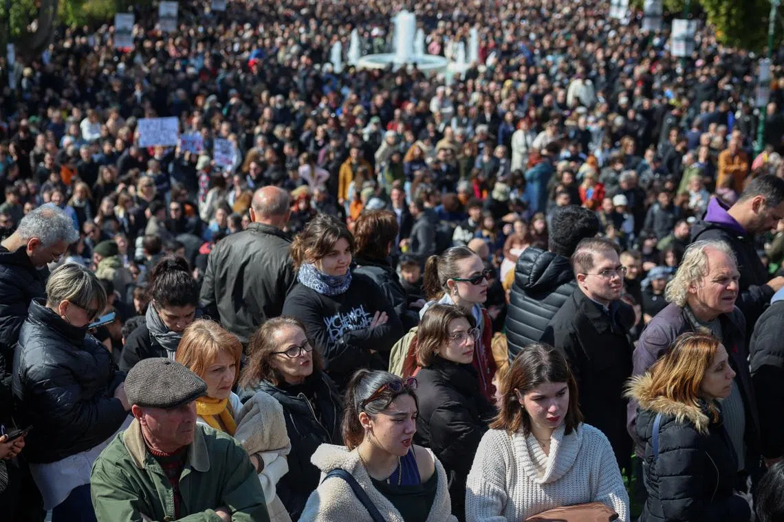 Protestors gather during a rally to mark the third anniversary of a deadly train crash which killed 57 people in Athens, Greece, February 28, 2026. REUTERS/Louisa Gouliamaki