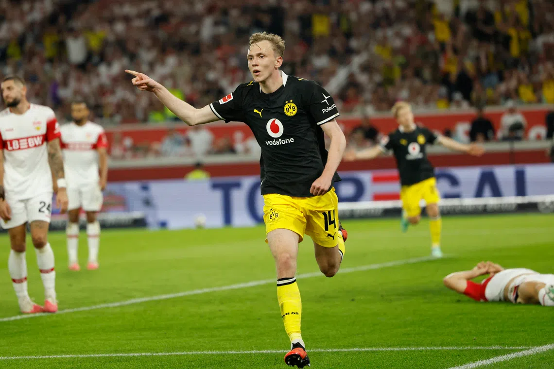 Borussia Dortmund’s Maximilian Beier celebrates after scoring against Borussia VfB Stuttgart on Sept 19.