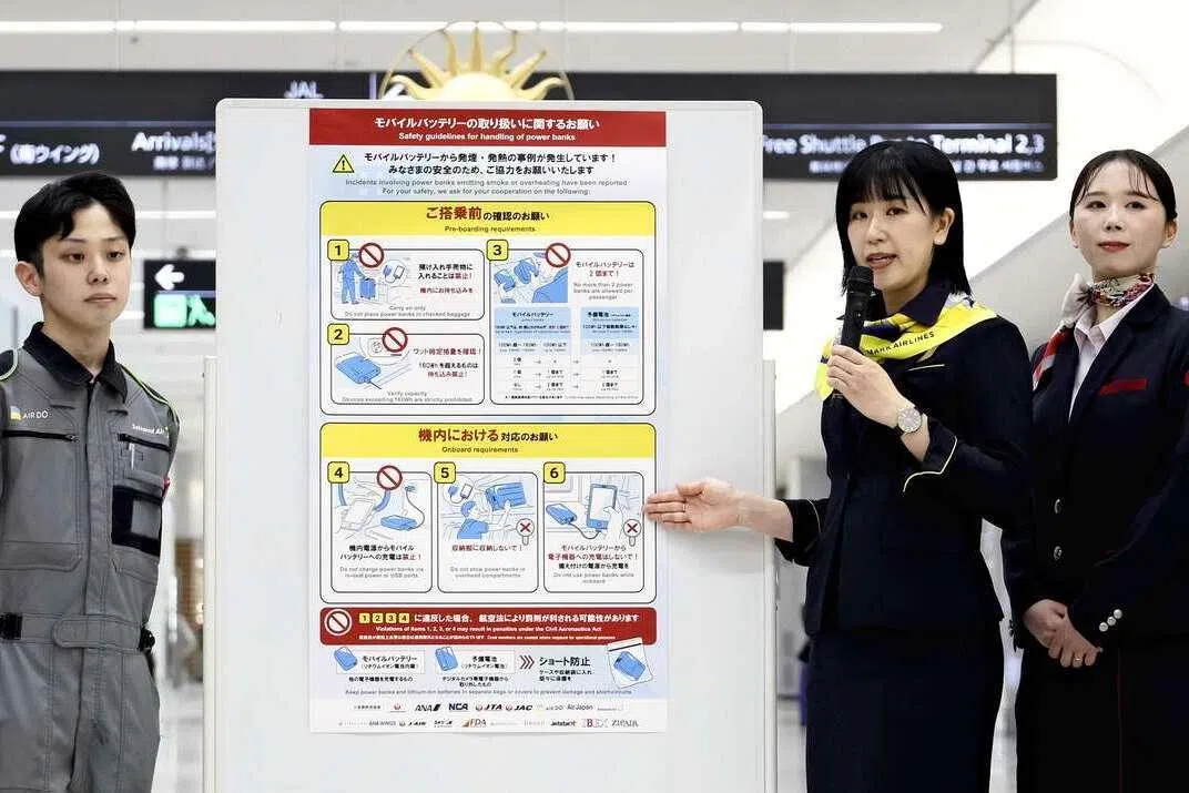 A flight attendant explains the new policy on portable chargers on board flights on April 14 at Haneda Airport.