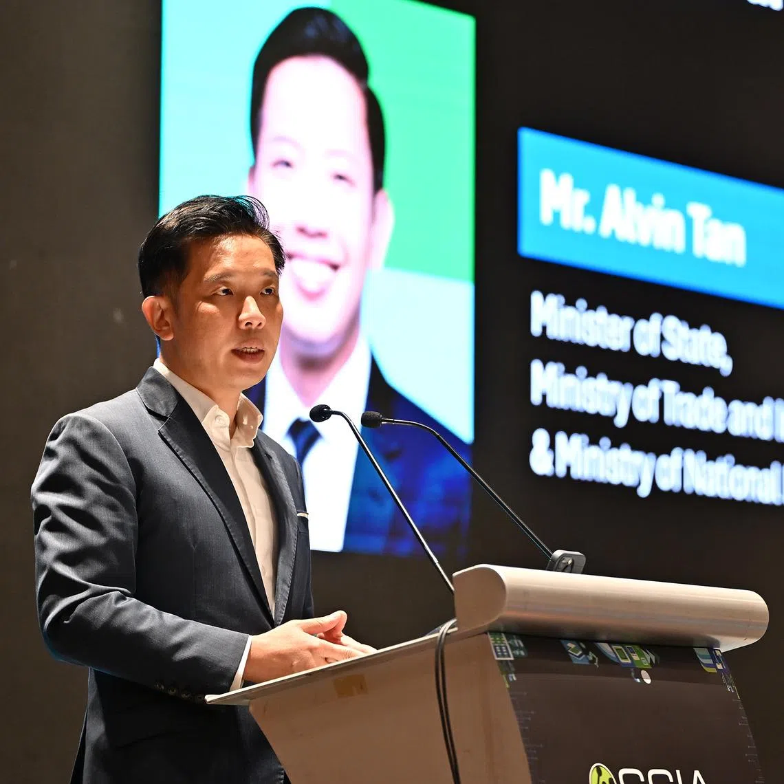 Minister of State for Trade and Industry Alvin Tan speaking at the Semiconductor Business Connect 2026 event on April 16.
