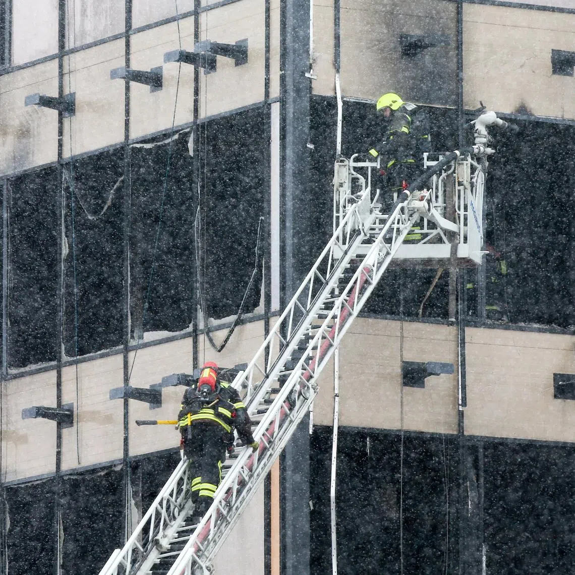 Firefighters work to put out a fire at a construction site in Moscow, Russia, April 28, 2026. Sergei Vedyashkin/Moscow News Agency/Handout via REUTERS