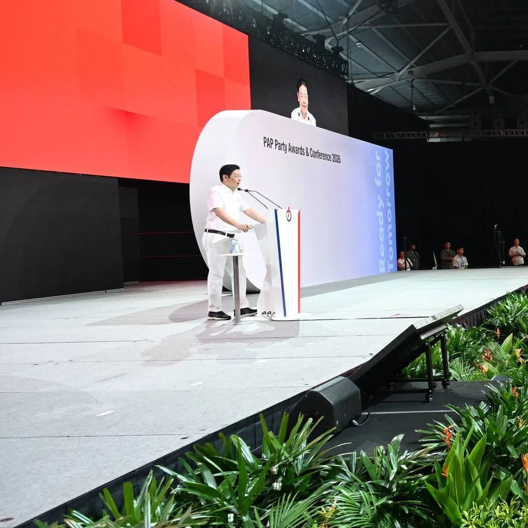 Prime Minister Lawrence Wong giving his speech during the PAP Awards and Conference at Singapore Expo on Oct 25.