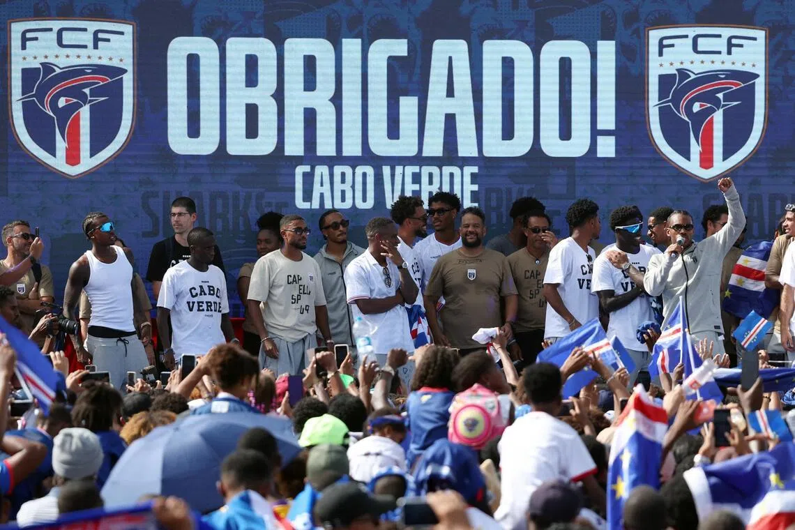 Cape Verde players celebrate with the crowd as they welcome the team after their arrival from the United States on July 5.