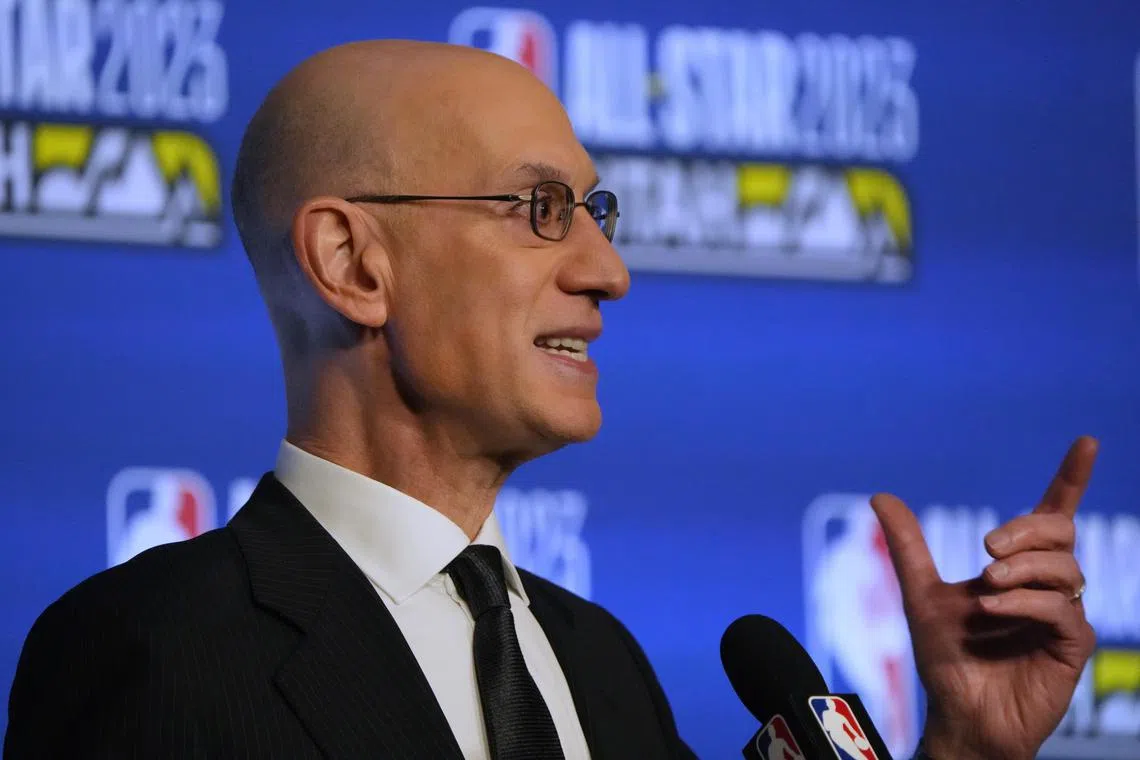 National Basketball Association commissioner Adam Silver speaking during a news conference before the NBA All-Star Weekend Kia Skills Challenge at Vivint Arena in Salt Lake City, Utah.
