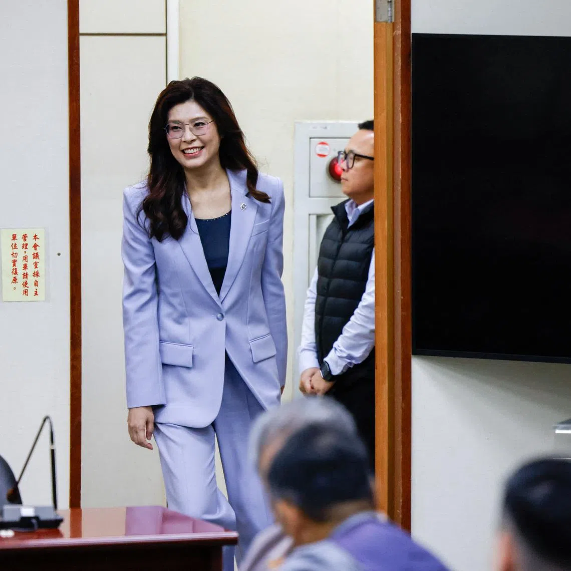 Kuomintang chairwoman Cheng Li-wun arrives to speak to the media ahead of her trip to China, in Taipei, Taiwan, on April 7.