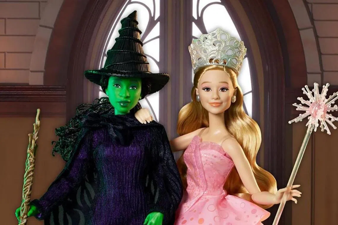 Mattel dolls for Elphaba (left) and Glinda from the Wicked movie.