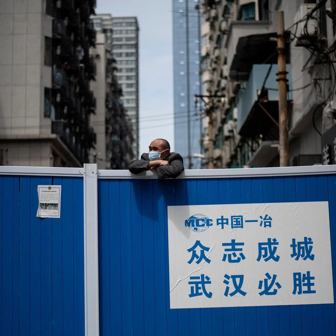 A barricade set up to keep people out of a residential compound in Wuhan, China, in April 2020.