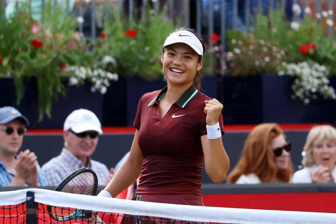 Britain's Emma Raducanu celebrates winning her round of 16 match against Slovakia's Rebecca Sramkova.