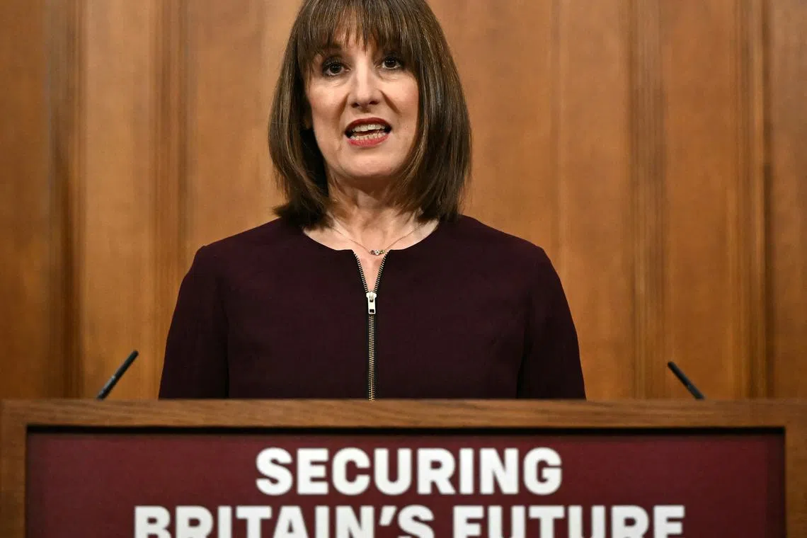 FILE PHOTO: Britain's Chancellor of the Exchequer Rachel Reeves speaks during a press conference in the Downing Street Briefing Room in Downing Street, central London, March 26, 2025, following the Spring Budget Statement.  BEN STANSALL/Pool via REUTERS/File Photo