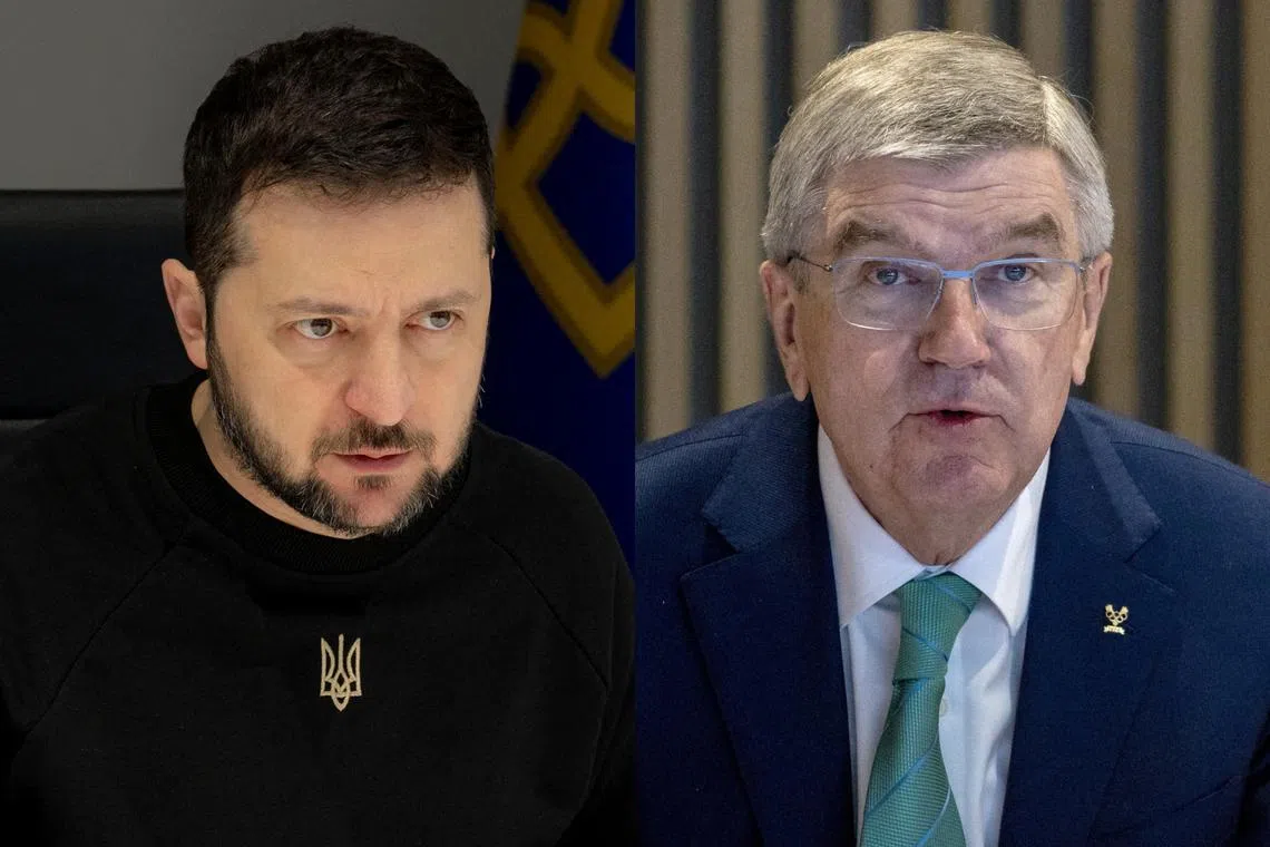 Ukraine President Volodymyr Zelensky (left) spoke to IOC president Thomas Bach.