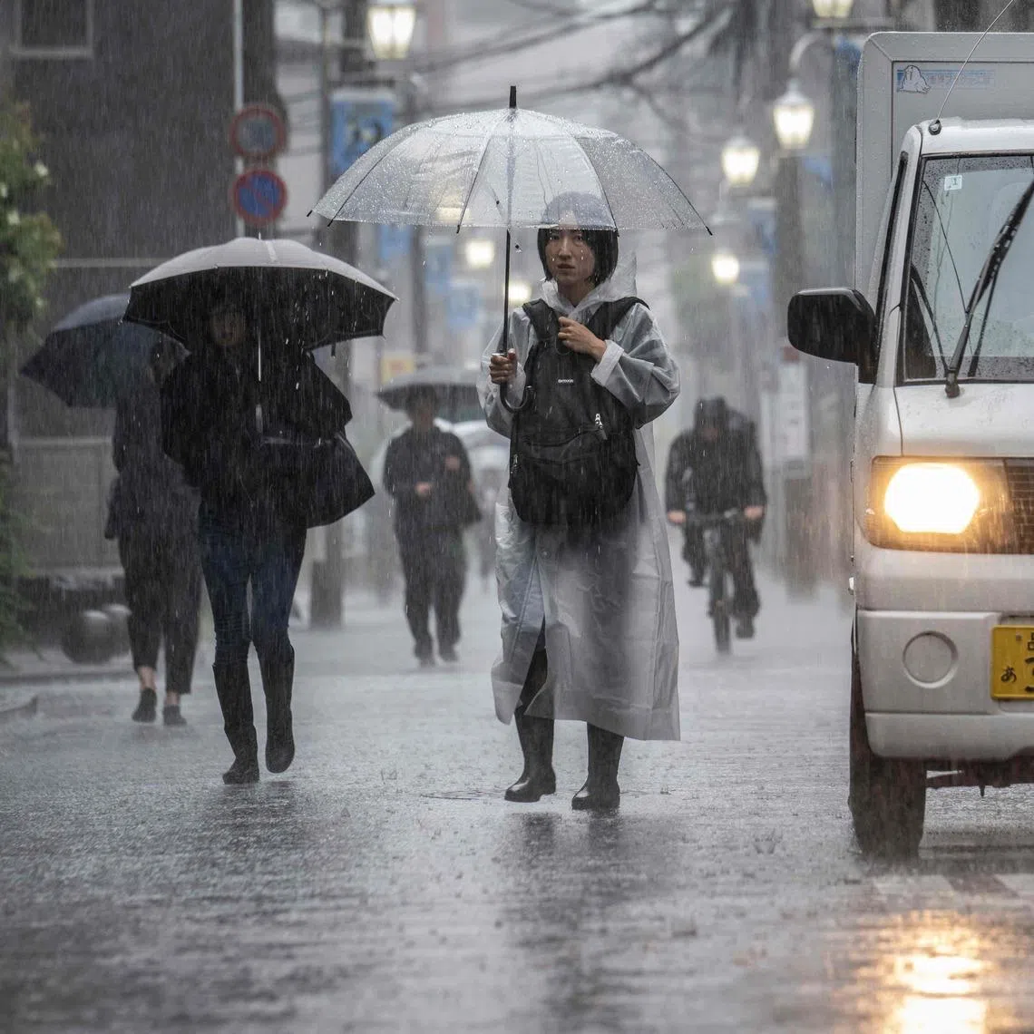 People commute in heavy rain brought by severe tropical storm Jangmi in Kawasaki, Kanagawa prefecture, Japan, on June 3.