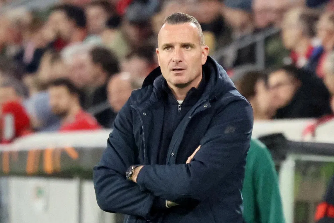 FILE PHOTO: Soccer Football - UEFA Europa League - Round of 16 - Second Leg - SC Freiburg v KRC Genk - Europa Park Stadion, Freiburg, Germany - March 19, 2026 KRC Genk coach Nicky Hayen looks on REUTERS/Robin Rudel/File Photo