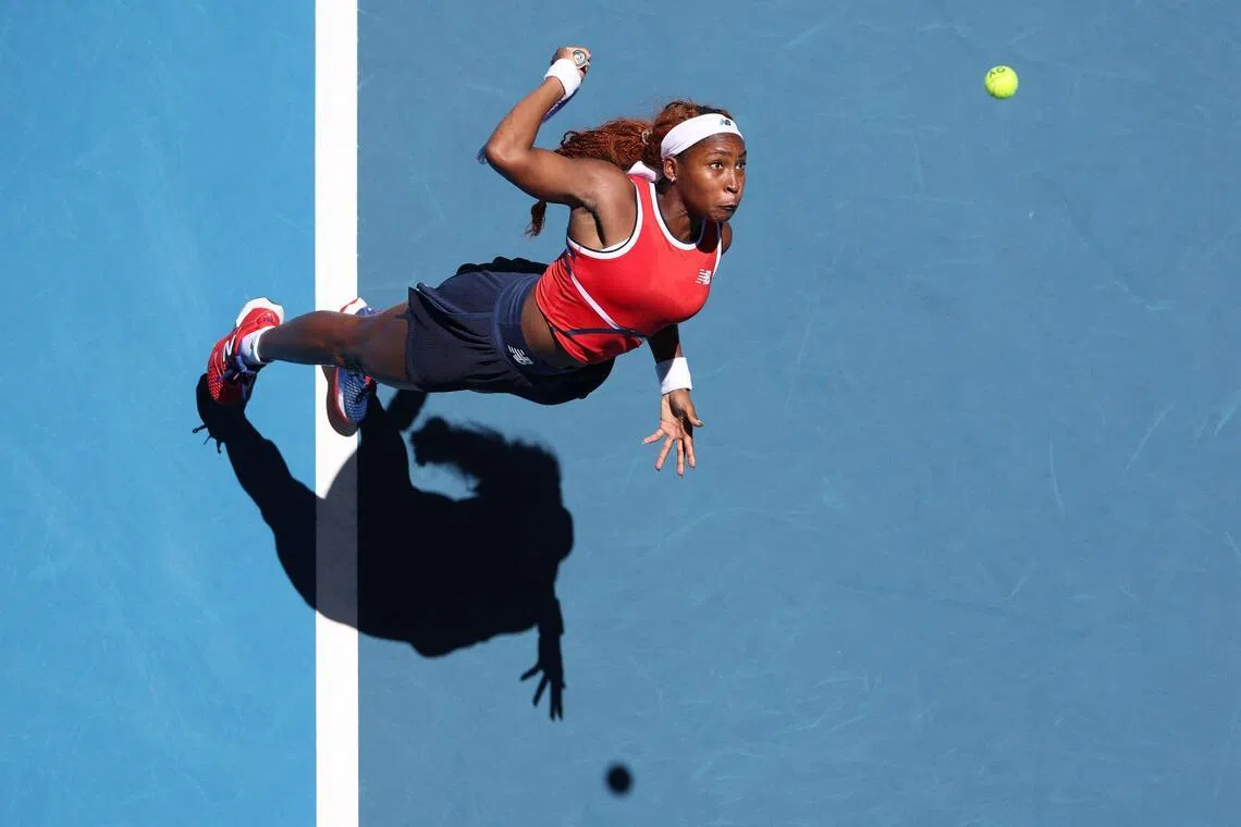 The US' Coco Gauff serving during her 6-1, 6-7 (3-7), 6-0 loss to Spain’s Jessica Bouzas Maneiro during their women’s singles match at the United Cup tennis tournament in Perth on Jan 5, 2026.