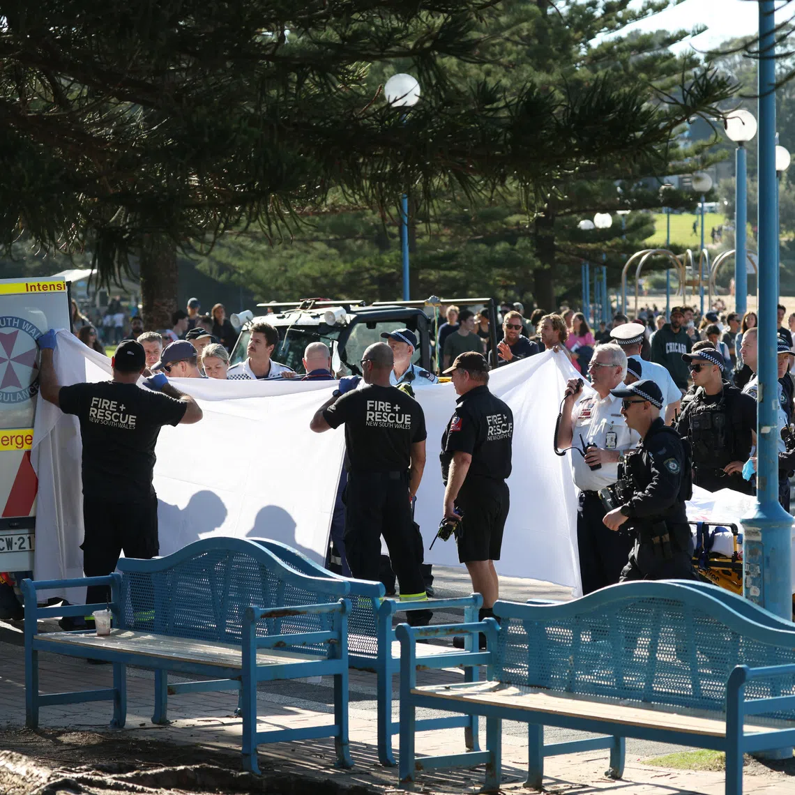 Police and emergency personnel at the scene of a shark attack at Coogee Beach in Sydney on June 13.