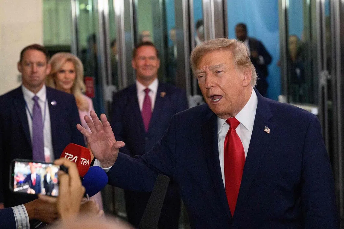 US President Donald Trump speaking to the media as he arrives to address the UN General Assembly on Sept 22, at the UN’s New York headquarters in the US.