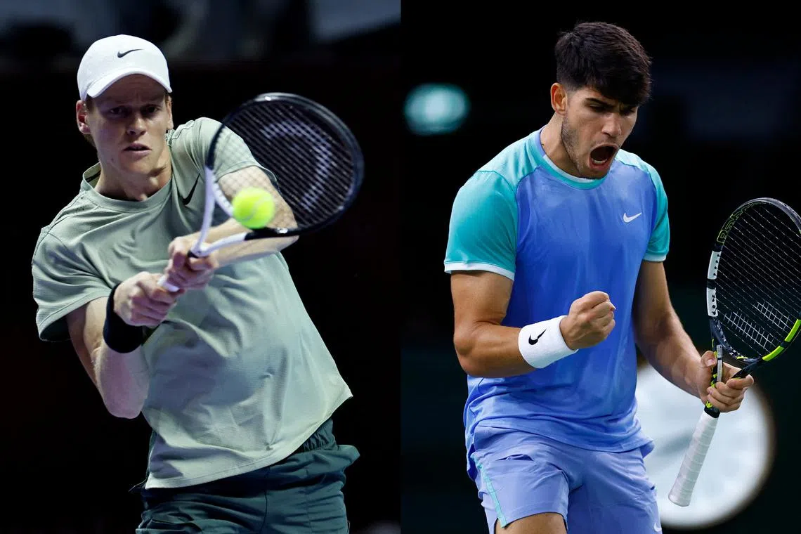 Sinner (left) avoided key rival Alcaraz in the ATP Finals group draw. Alcaraz was drawn with Casper Ruud, Alexander Zverev and Andrey Rublev.