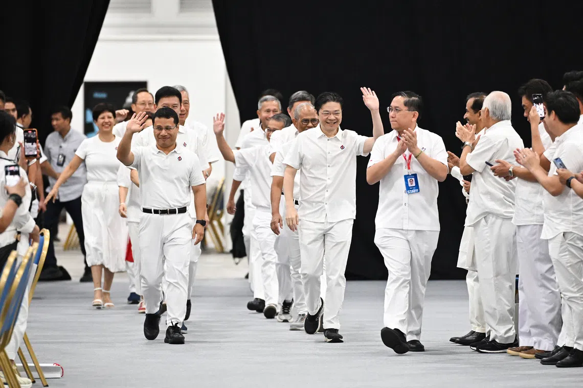 PM Lawrence Wong and other party members arriving at the PAP Awards and Convention on Nov 9, 2025. He said he hoped the outline of the PAP’s next generation of leaders would emerge by the next general election, due by 2030.