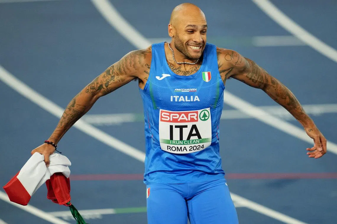 Athletics - European Athletics Championships - Stadio Olimpico, Rome, Italy - June 12, 2024 Italy's Lamont Marcell Jacobs celebrates winning the men's 4 x 100m relay final REUTERS/Aleksandra Szmigiel/ File Photo