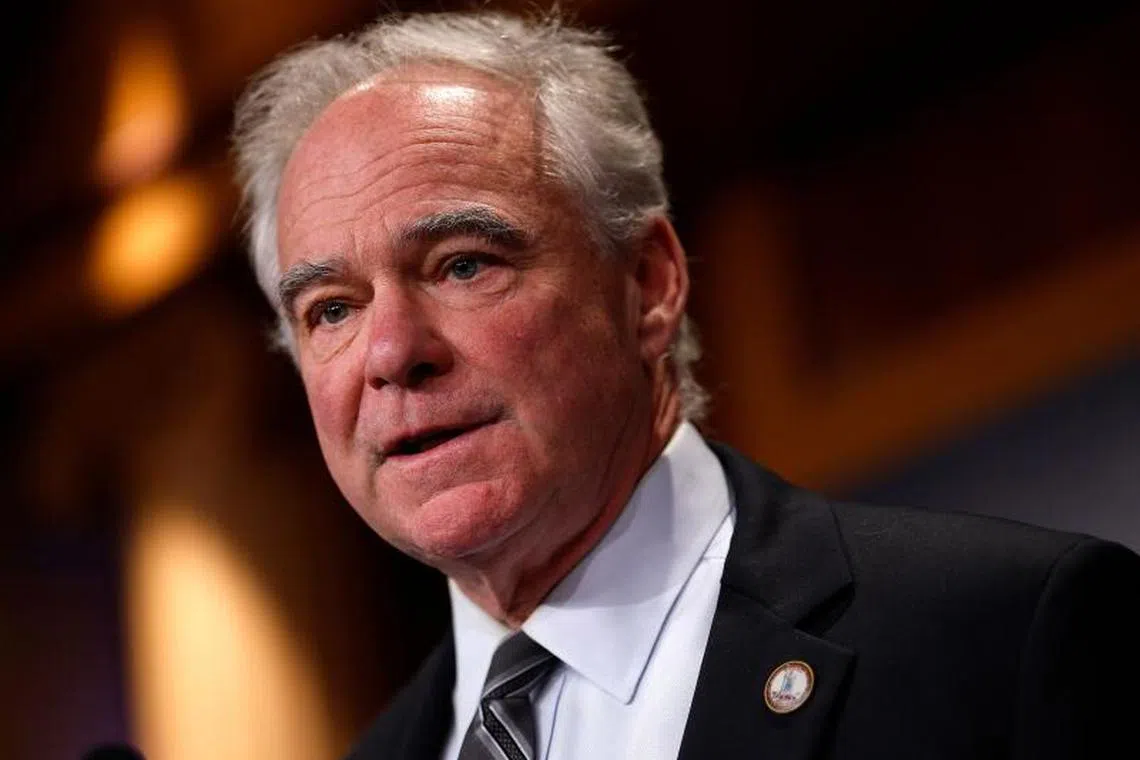 WASHINGTON, DC - APRIL 02: U.S. Sen. Tim Kaine (D-VA) speaks at a press conference at the U.S. Capitol on April 02, 2025 in Washington, DC. Kaine spoke out on Trump's plan to implement reciprocal tariffs. Kevin Dietsch/Getty Images/AFP (Photo by Kevin Dietsch / GETTY IMAGES NORTH AMERICA / Getty Images via AFP)