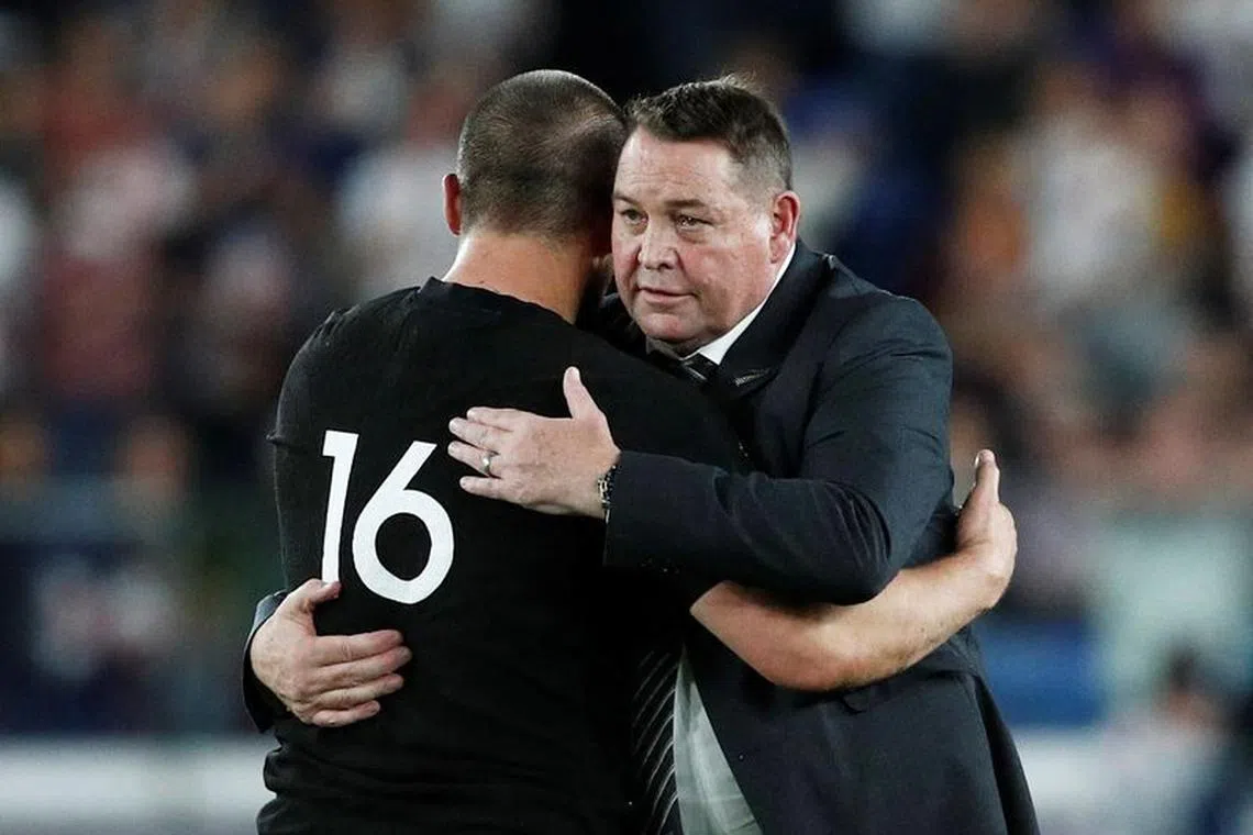 FILE PHOTO: Rugby Union - Rugby World Cup - Semi Final - England v New Zealand - International Stadium Yokohama, Yokohama, Japan - October 26, 2019. New Zealand head coach Steve Hansen and New Zealand's Dane Coles after the match. REUTERS/Edgar Su/File Photo