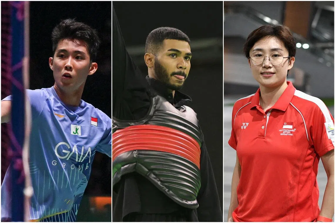 (From left) Badminton star Loh Kean Yew, silat world champion Sheik Farhan Sheik Alau’ddin and former table tennis player Feng Tianwei.