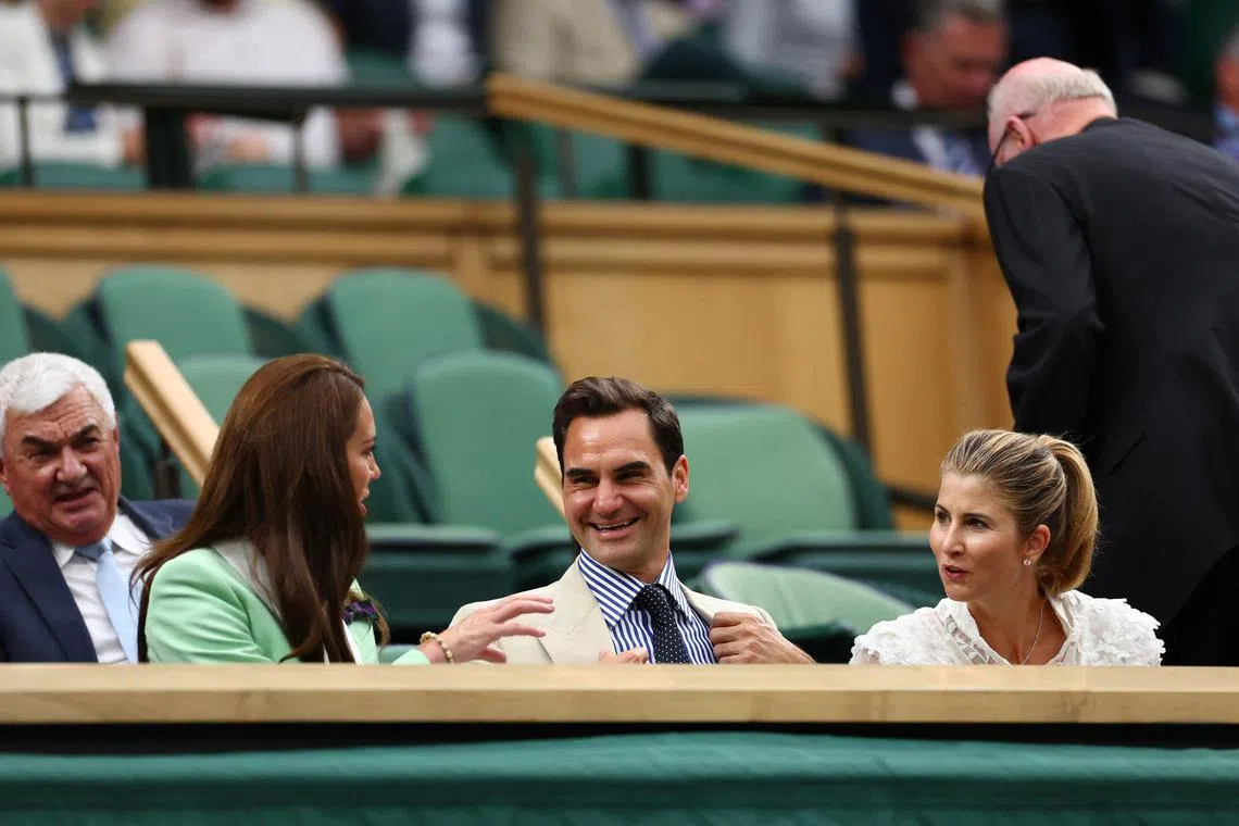 Eight-time Wimbledon champion Roger Federer with Catherine, Princess of Wales (left) and wife Mirka at Wimbledon on July 4, 2023, during the match between Shelby Rogers and title holder Elena Rybakina.
