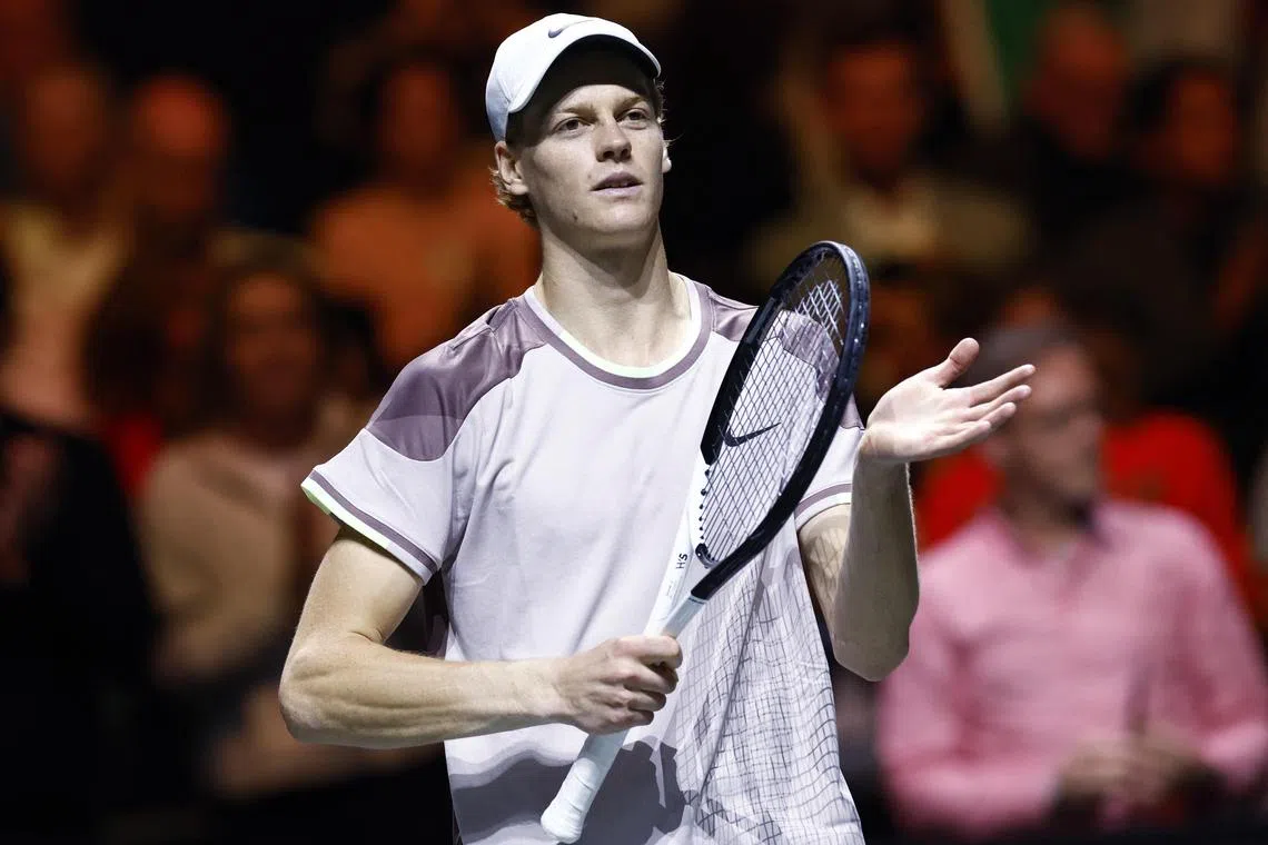 Italy's Jannik Sinner celebrates after winning his semi-final against Netherlands' Tallon Griekspoor.