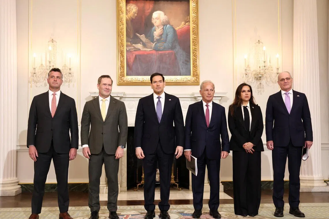 US Secretary of State Marco Rubio (third from left) with US, Israeli and Lebanese officials, after talks at the State Department in Washington on April 14.