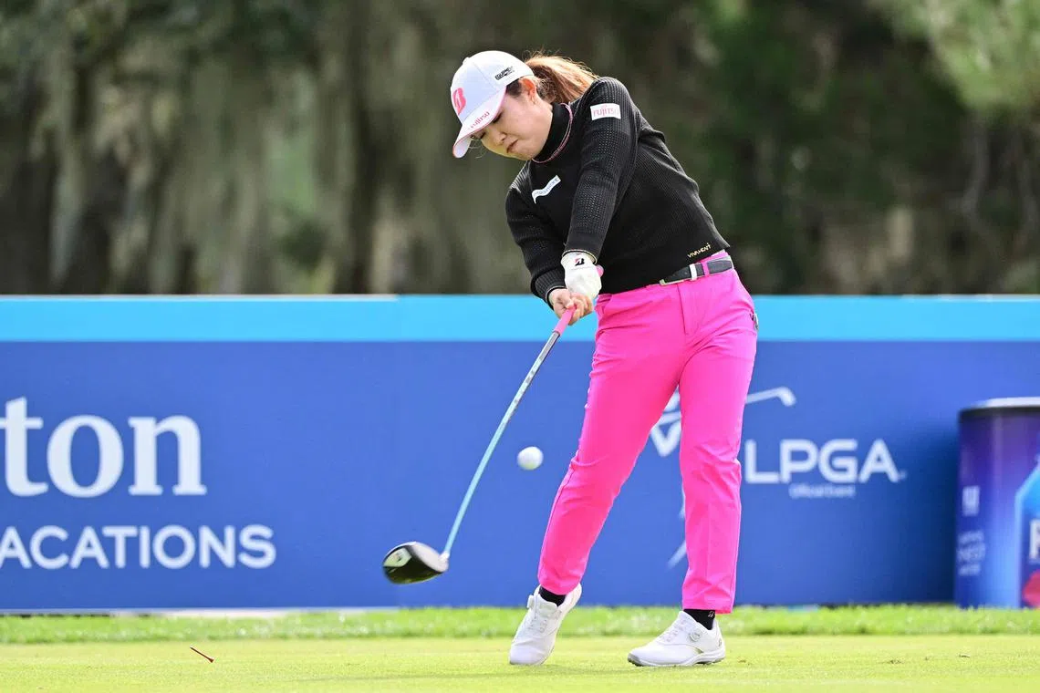 Ayaka Furue of Japan plays her shot from the ninth tee during the first round of the LPGA Tournament of Champions at Lake Nona Golf & Country Club.