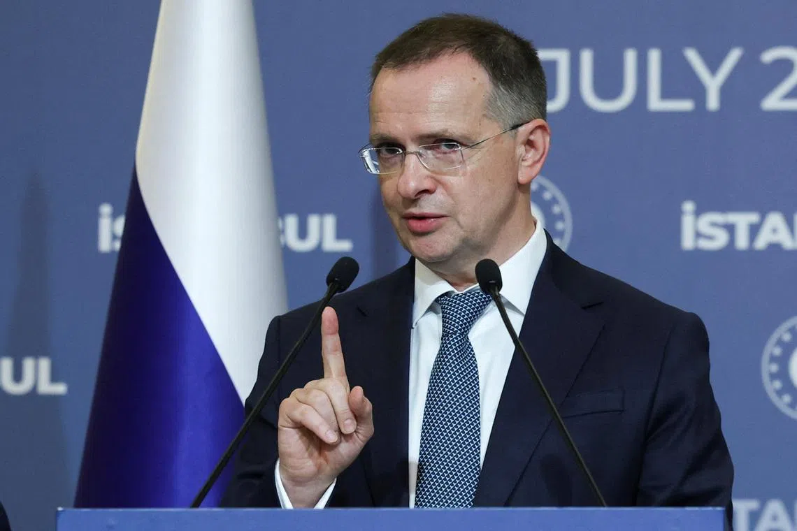 FILE PHOTO: Russia's presidential aide Vladimir Medinsky speaks during a press conference on the day of the third round of peace talks between Russia and Ukraine, in Istanbul, Turkey, July 23, 2025. REUTERS/Dilara Senkaya/File Photo