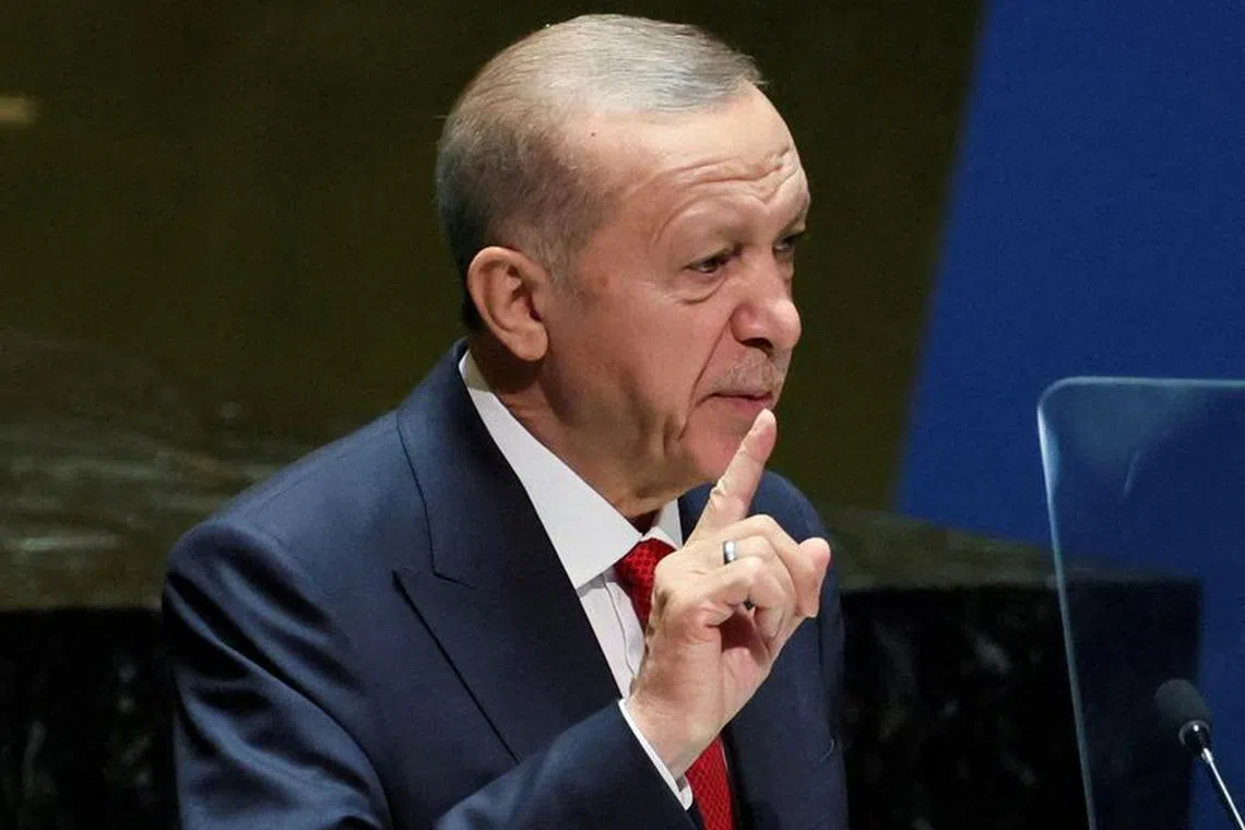 FILE PHOTO: Turkey's President Tayyip Erdogan addresses the 78th Session of the U.N. General Assembly in New York City, U.S., September 19, 2023.  REUTERS/Brendan McDermid/File Photo