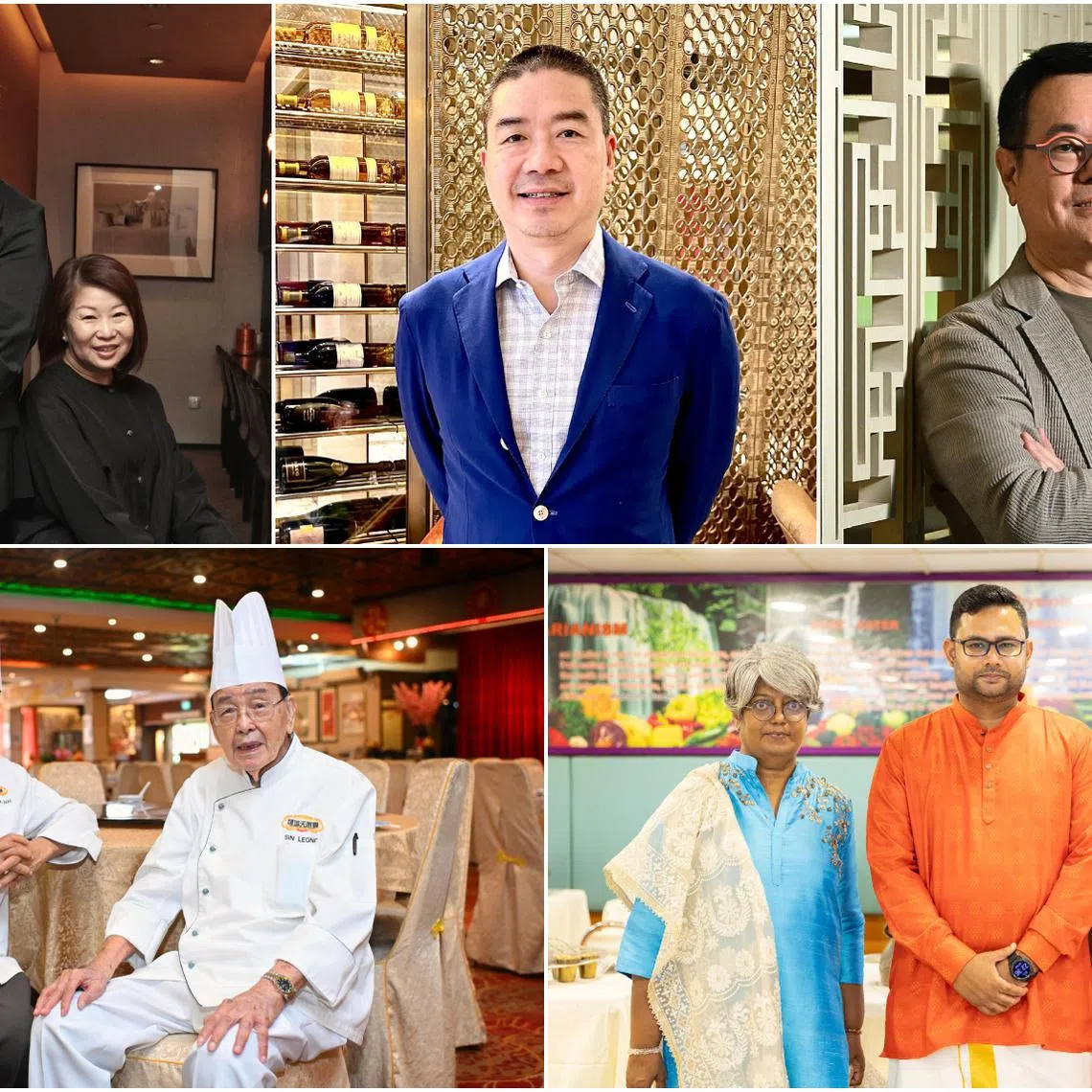 (Clockwise from top left) Iggy's owners Ignatius Chan and Janice Wong, executive director of Sushi Tei Allen Tan, founder of the TungLok Group at TungLok Signatures at The Central Andrew Tjioe, Chefs Hooi Kok Wai (left) and Sin Leong at their Red Star restaurantm, and chief executive of Ananda Bhavan, M Viren Ettikan (centre).