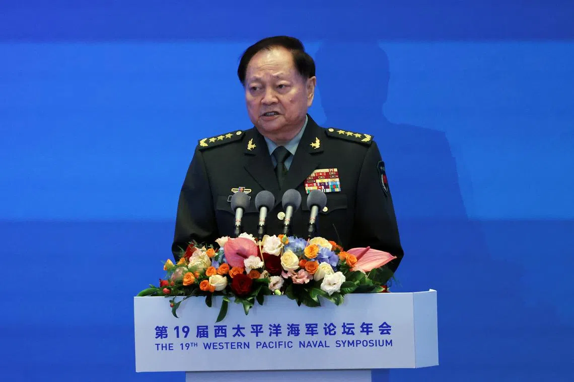 Central Military Commission (CMC) Vice Chairman Zhang Youxia speaks at the opening ceremony of the Western Pacific Naval Symposium in Qingdao, Shandong province, China April 22, 2024. REUTERS/Florence Lo