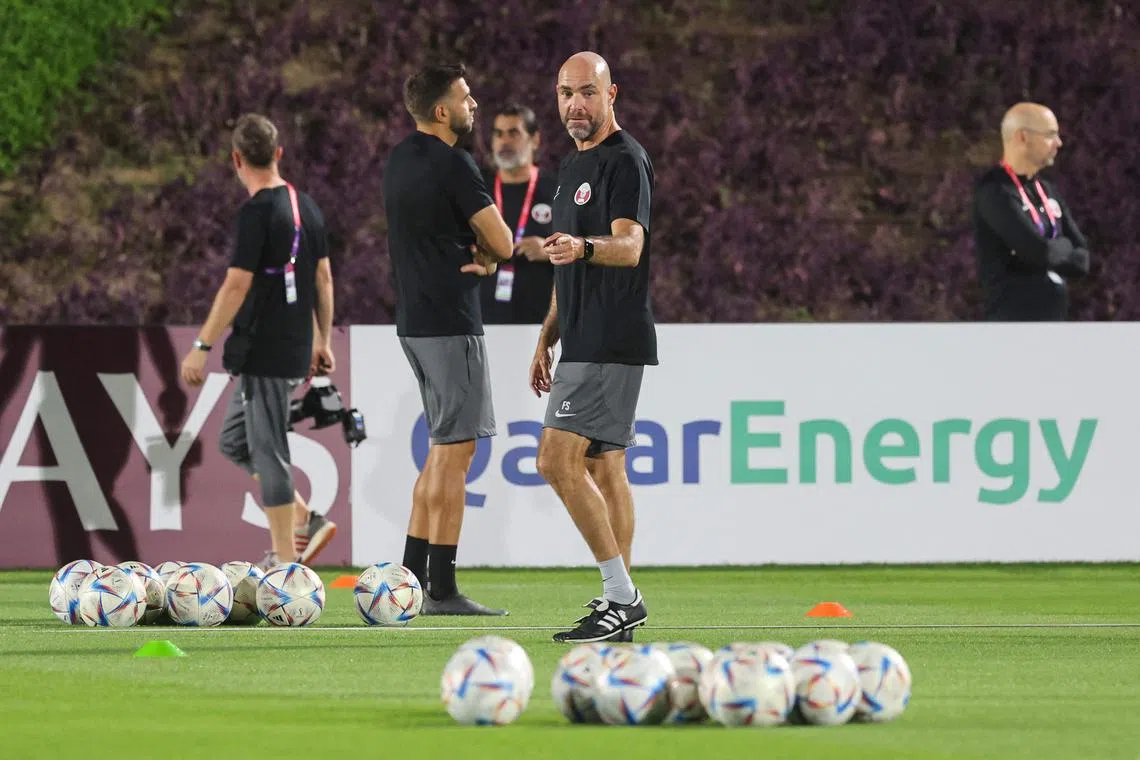 Qatar's Spanish coach Felix Sanchez leads a training session in Doha on Nov 15, 2022.