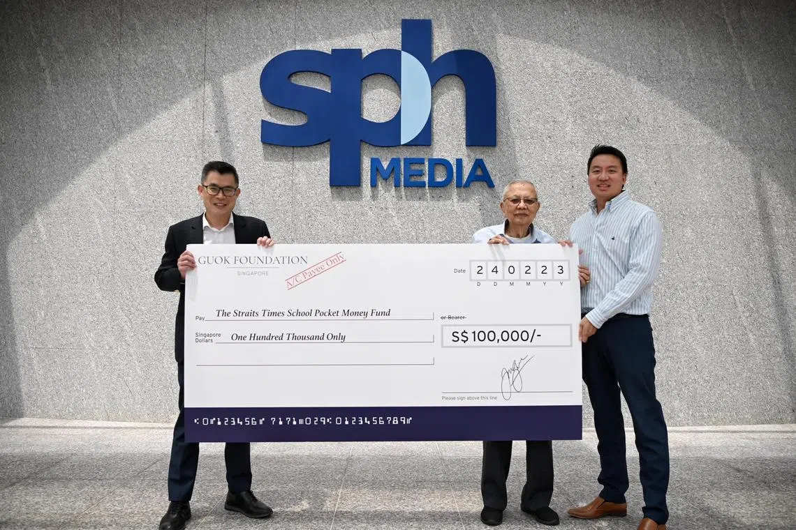 ST20230224_202329856216 Kua Chee Siong/ ssmoney24/ 
Mr Joshua Guok, Chairman and Director of the Foundation, presents the $100,000 mock cheque to Mr Jaime Ho, ST Editor and Board Chairman, The Straits Times School Pocket Money Fund at SPH Media Trust Centre on Feb 24, 2023. 
Guok Foundation Ltd will be donating $100,000 to The Straits Times School Pocket Money Fund. The donation will be the first public donation by the Foundation. Established in mid-2022, the Foundation was part of the vision of the late Gertrude Guok to continue and honour the philanthropic and charitable works of her late parents.