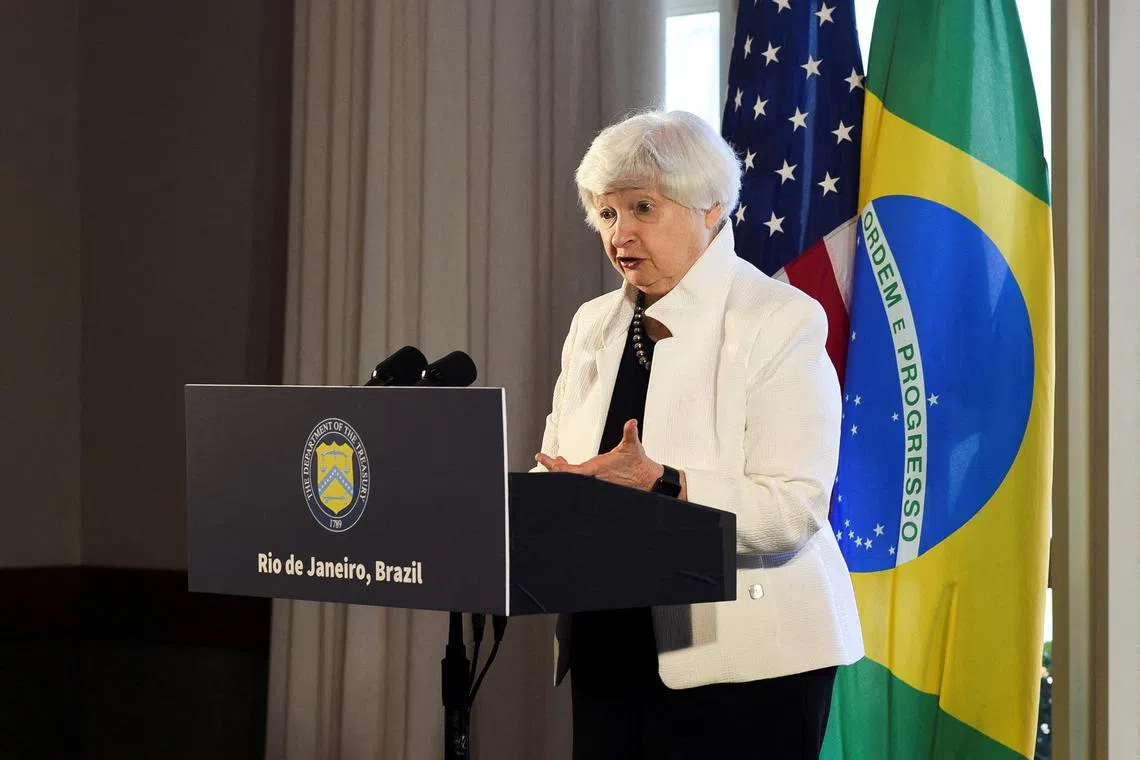 FILE PHOTO: U.S. Treasury Secretary Janet Yellen speaks during a G20 event in Barra da Tijuca, Rio de Janeiro, Brazil, on July 25, 2024. REUTERS/Tita Barros/File Photo