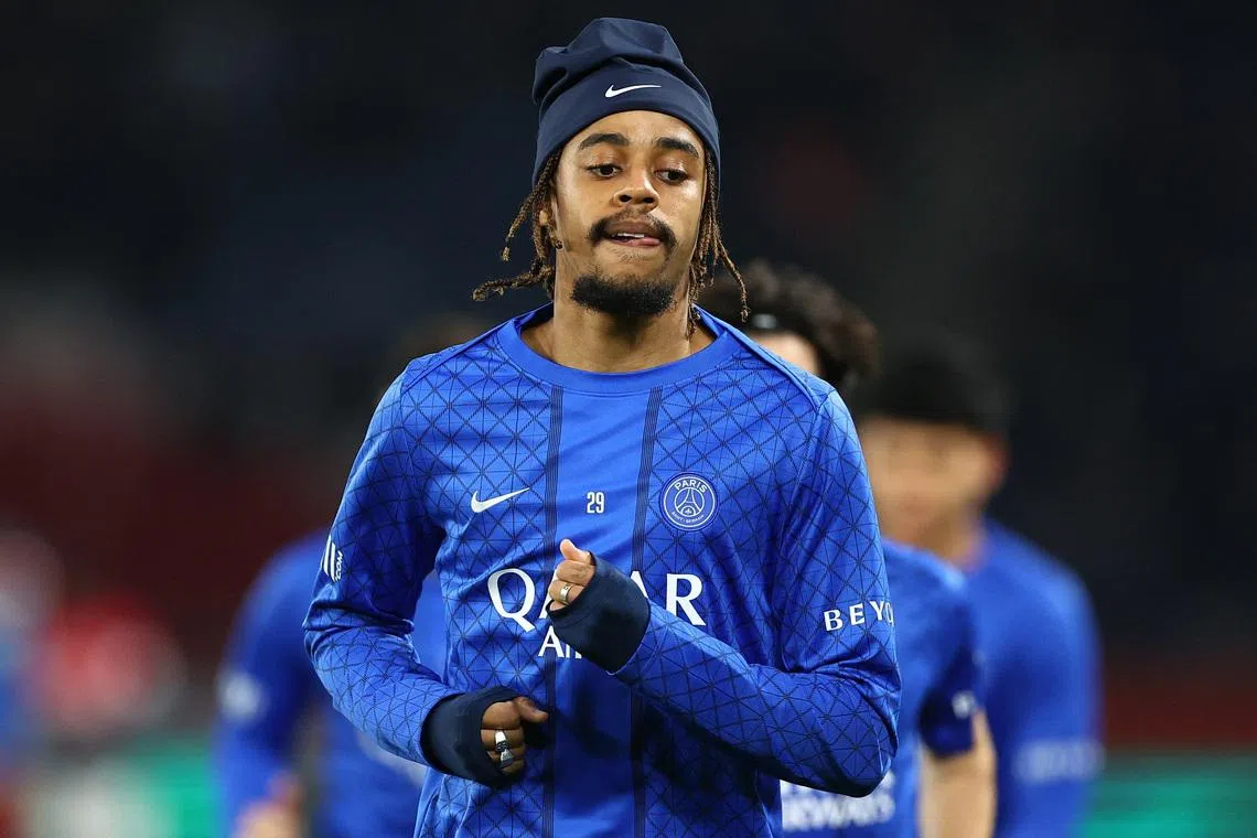Soccer Football - Ligue 1 - Paris St Germain v AS Monaco - Parc des Princes, Paris, France - March 6, 2026 Paris St Germain's Bradley Barcola during the warm up before the match REUTERS/Abdul Saboor