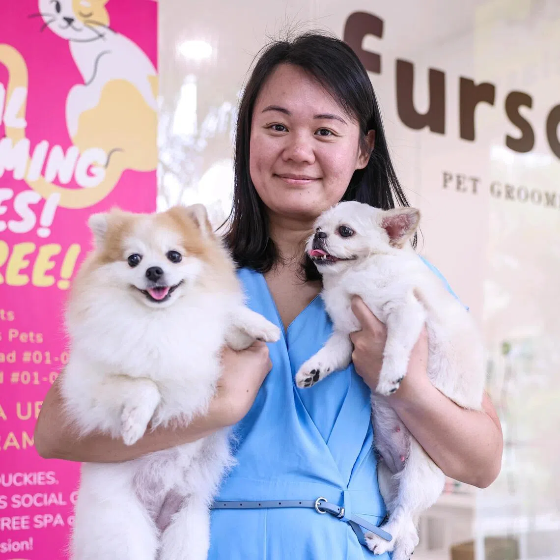 Profile of Fursclass Pet Grooming Salon director Michelle Lim, 39, with her dogs at the Kembangan Suites branch on March 19, 2026. ST PHOTO: BRIAN TEO
