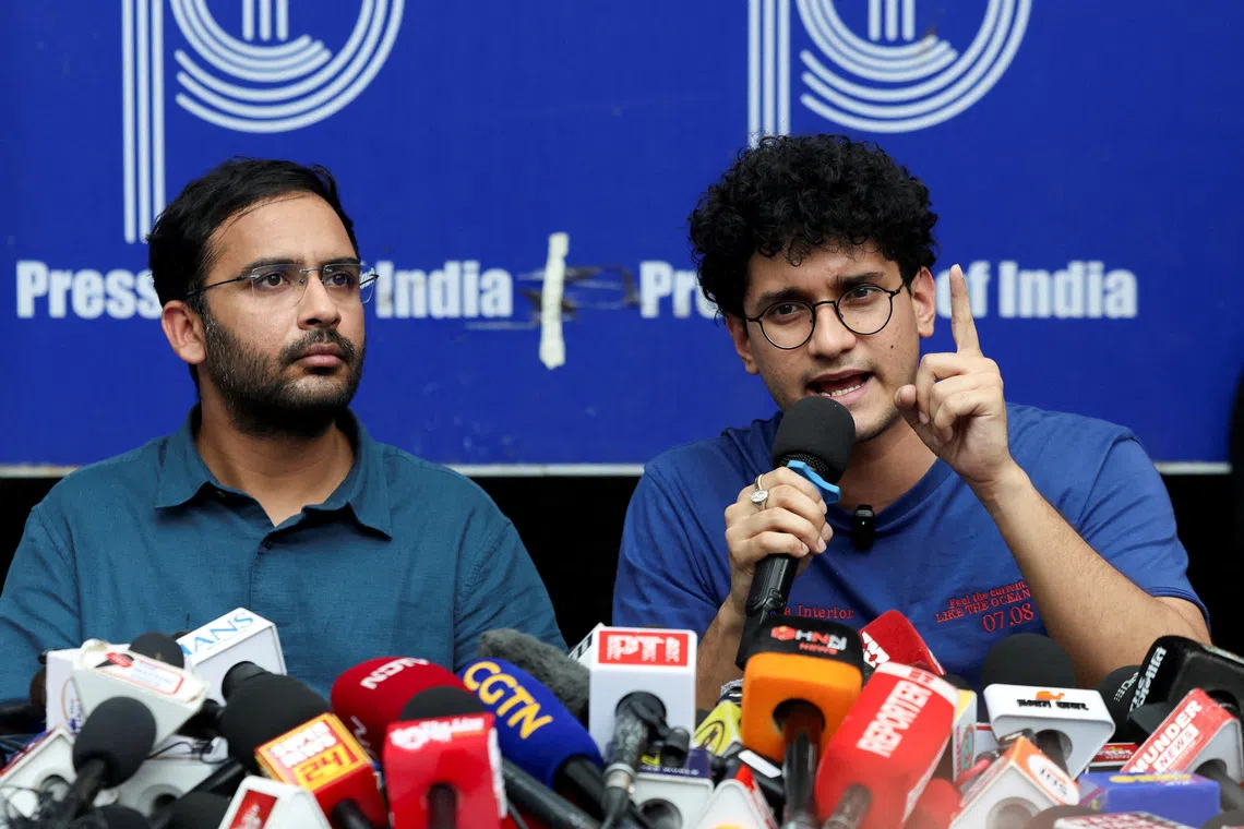 Saurav Das, chief spokesperson of the Cockroach Janta Party (CJP), speaks next to Ashutosh Ranka, co-convenner of CJP, during a press conference at the Press Club of India following their release, amid protests demanding the resignation of India's Chief Election Commissioner Gyanesh Kumar, in New Delhi, India, October 11, 2026. REUTERS/Bhawika Chhabra