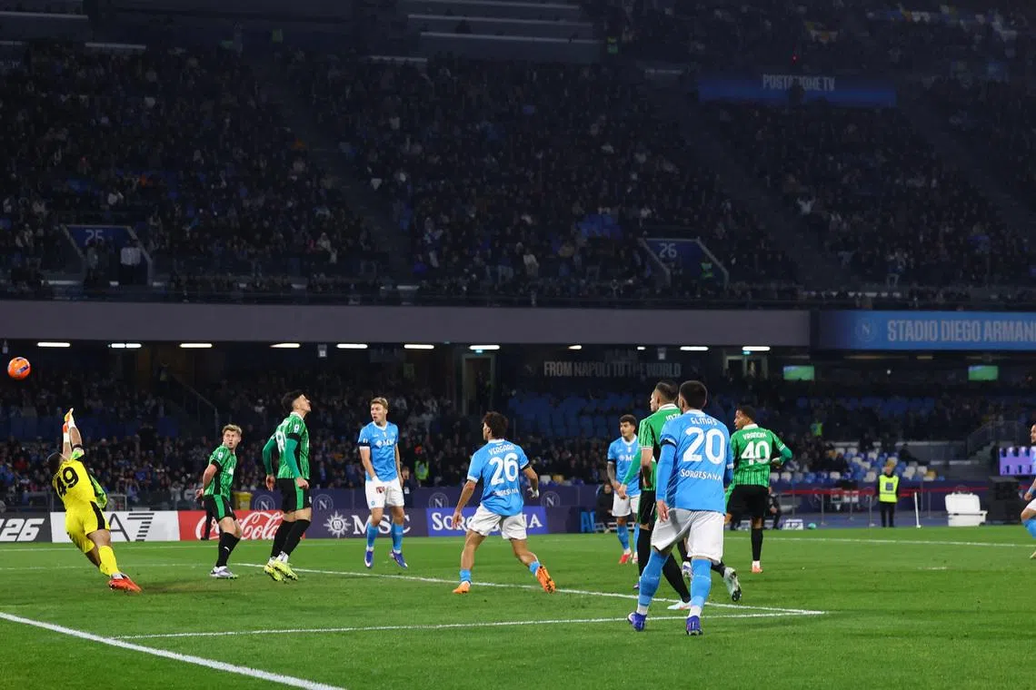 Soccer Football - Serie A - Napoli v U.S. Sassuolo - Stadio Diego Armando Maradona, Naples, Italy - January 17, 2026 Napoli's Stanislav Lobotka scores their first goal REUTERS/Ciro De Luca