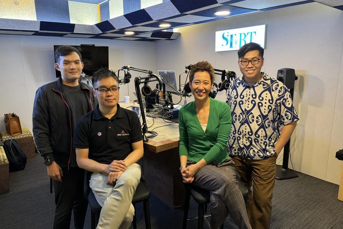 (From left) ST podcast producer Teo Tong Kai, Mr Benjamin Tan, chief executive of Red Alpha Cybersecurity, Ms Gillian Woo, director for creative and professional services at Workforce Singapore, and ST journalist Tay Hong Yi.