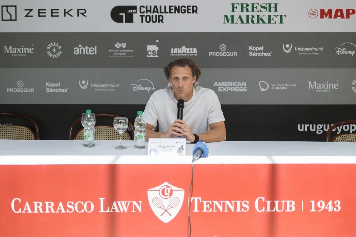 Former footballer Diego Forlan speaks during a press conference ahead of the Uruguay Open, where he will make his professional tennis debut.