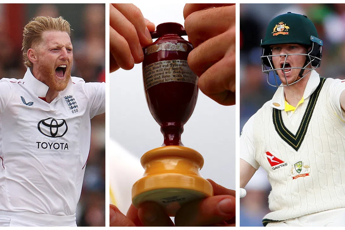 Cricket - A combination picture shows England's Ben Stokes, a replica Ashes urn and Australia's Steve Smith ahead of the first Ashes test. November 18, 2025. REUTERS