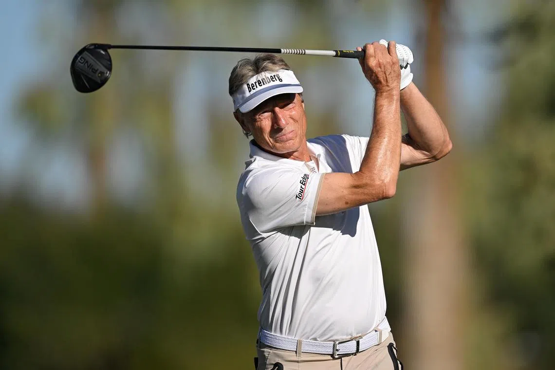 PHOENIX, ARIZONA - NOVEMBER 09: Bernard Langer of Germany hits a tee shot on the ninth hole during the third round of the Charles Schwab Cup Championship at Phoenix Country Club on November 9, 2024 in Phoenix, Arizona. (Photo by Ben Jared/PGA TOUR via Getty Images)