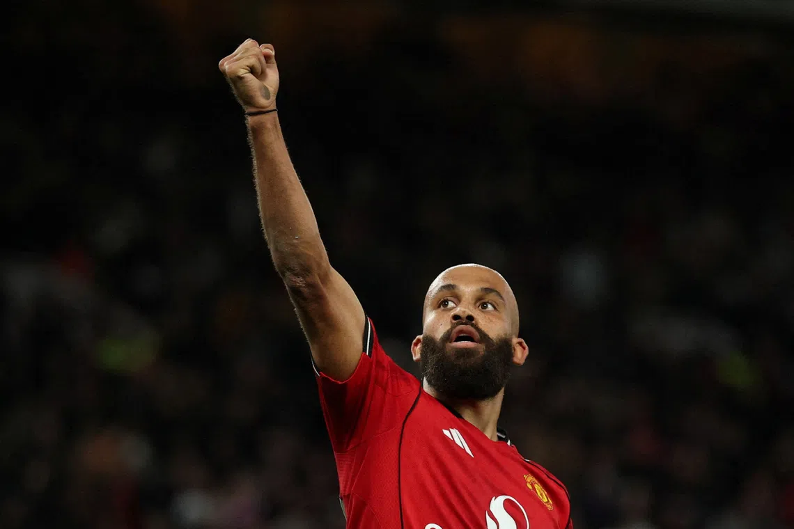 Manchester United's Bryan Mbeumo celebrating after scoring their fourth goal in the 4-2 win over Brighton at Old Trafford on Oct 25.